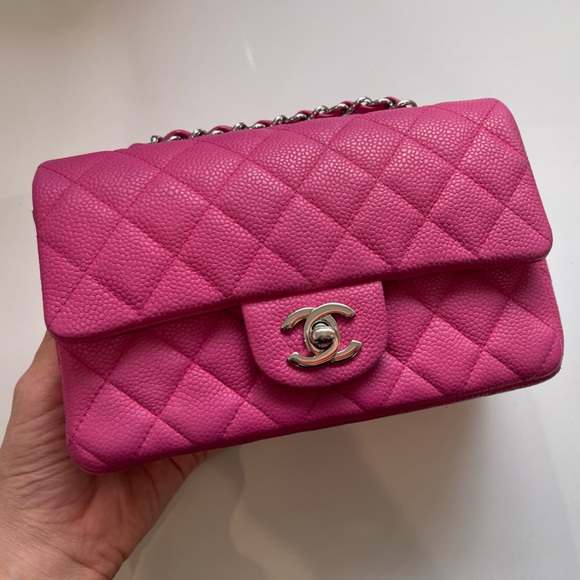SOLD🚫AUTHENTIC Chanel Hot Pink Caviar Mini Rectangular Flap SHW - Picture 4 of 17